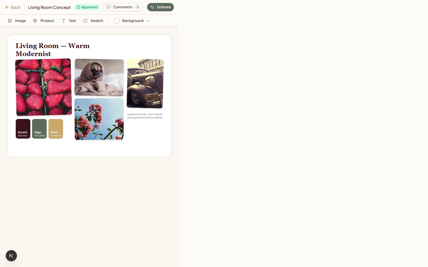 The idocia mood board editor — a drag-and-drop collage of interior images, colour swatches and text on a single canvas