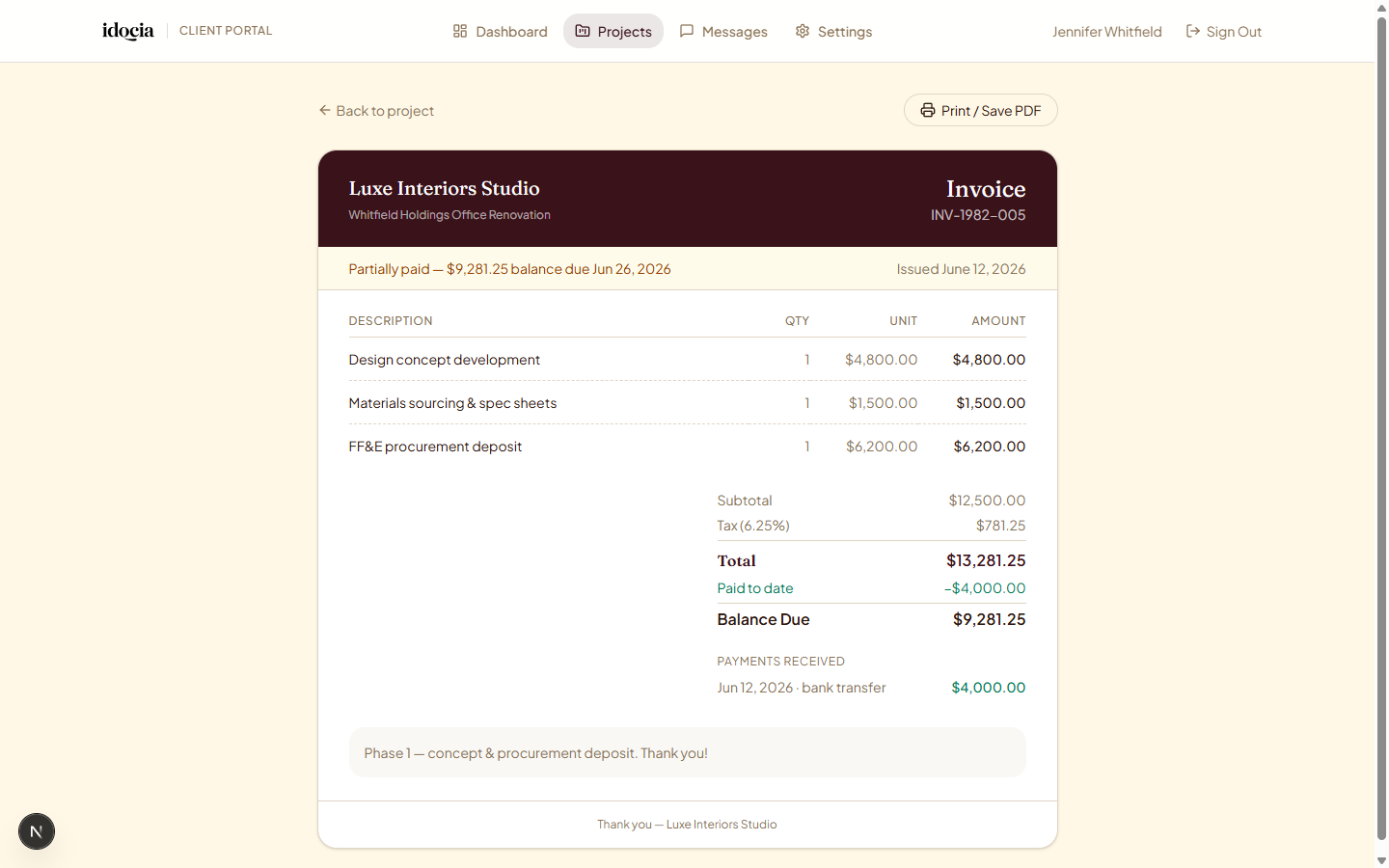 A branded client invoice showing line items, paid to date, balance due and payments received