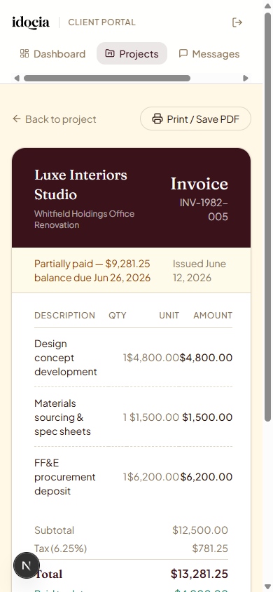 A branded invoice viewed on a phone, showing balance due