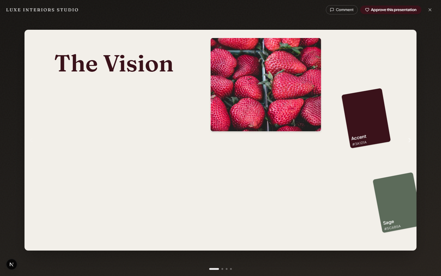 A full-screen cinematic presentation player showing a "The Vision" slide that a client sees