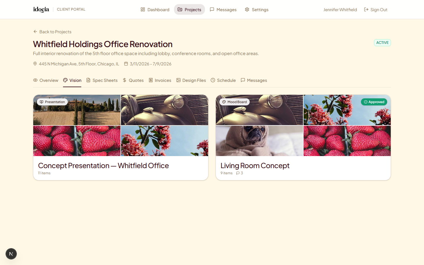 The client portal Vision tab showing a gallery of shared mood boards and presentations