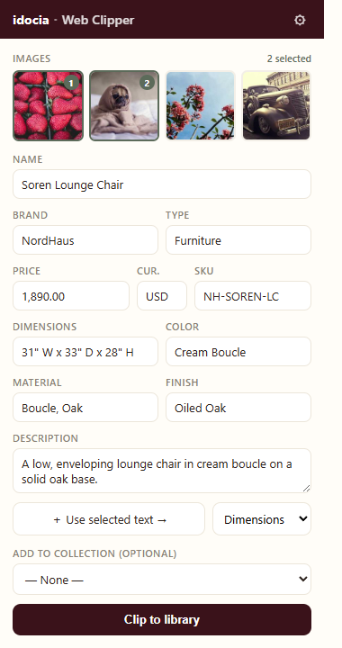 The idocia browser-extension web clipper, with auto-filled product fields and an image grid