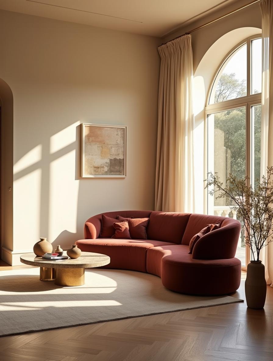 A sunlit luxury living room with a curved burgundy velvet sofa, cream plaster walls and oak floors