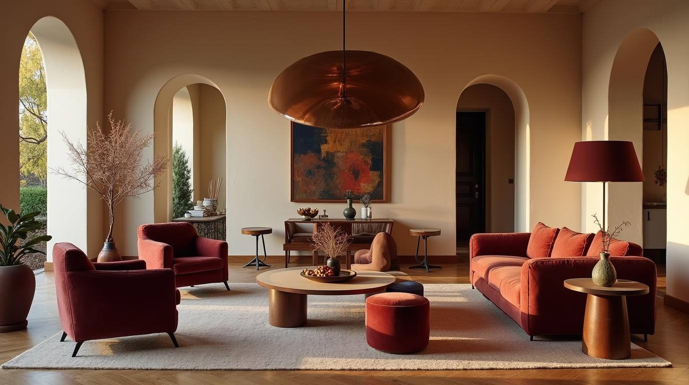 A luxurious interior with deep burgundy seating and warm evening light