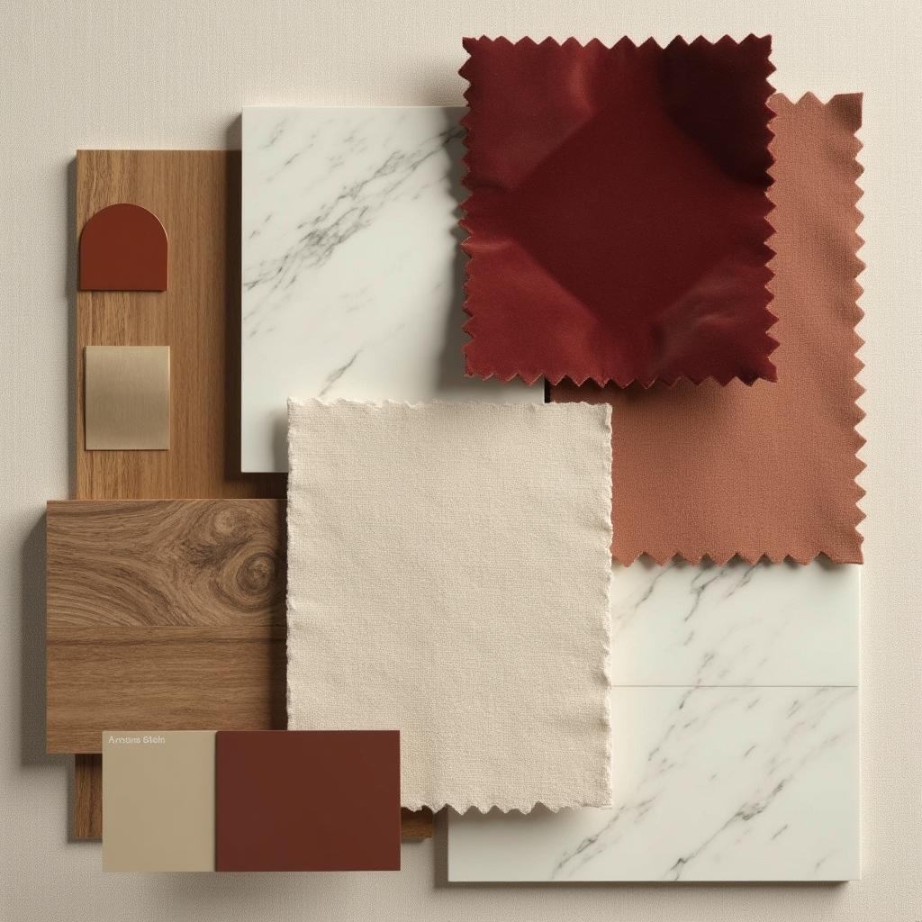 A curated flat lay of interior material samples — marble, oak, terracotta, brass and burgundy velvet