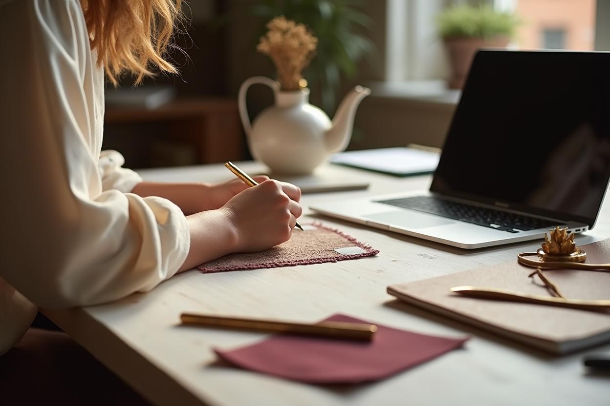 An interior designer arranging material samples beside a laptop in a sunlit studio